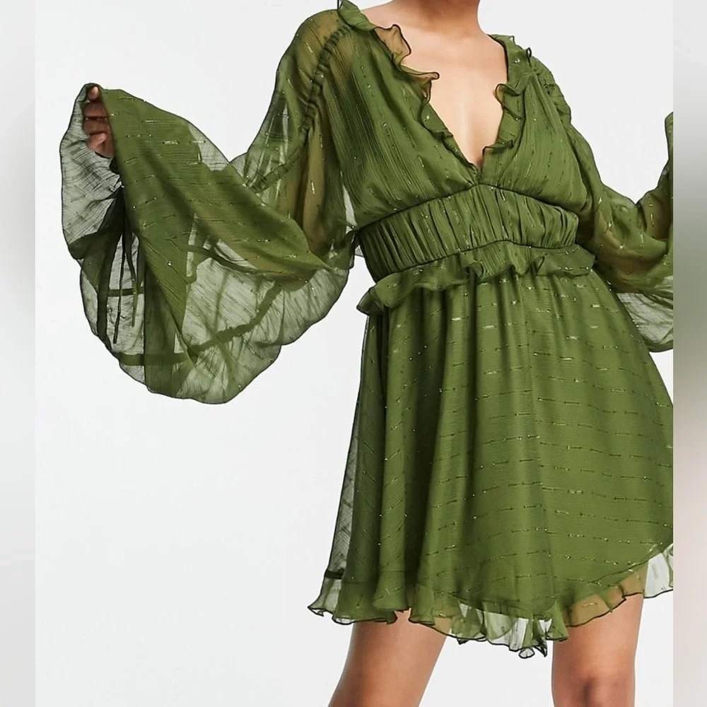 ASOS Mini Dress Olive Green Metallic‎ Dobby Ruffle Balloon Sleeve Sheer Sz 4